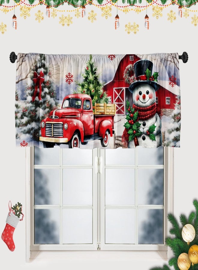 SUNWISHA Christmas Valance Curtains 52x18 Inch - Red Truck & Snowman Design with Snowy Village Scene - Festive Tree/Snowflakes Decor - Rod Pocket Kitchen/Bathroom Winter Valances - Image 1